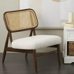 Online Kirklands Home Cream Boucle & Rounded Rattan Back Accent Chair White
