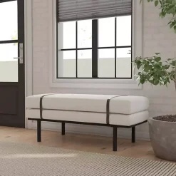 Hot Kirklands Home Cream Boucle Black Faux Leather Bench White