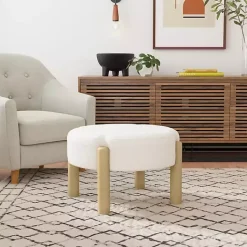 Best Kirklands Home Cream Boucle Natural Wood Ottoman White