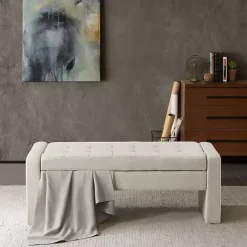 Hot Kirklands Home Cream Button Tufted Upholstered Storage Bench Ivory