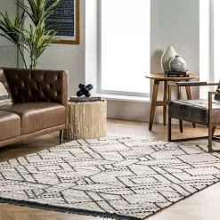 Clearance Kirklands Home Cream Geometric Diamonds Fringed Area Rug, 7x10