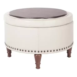 Discount Kirklands Home Cream Leather Antique Nailhead Storage Ottoman Ivory