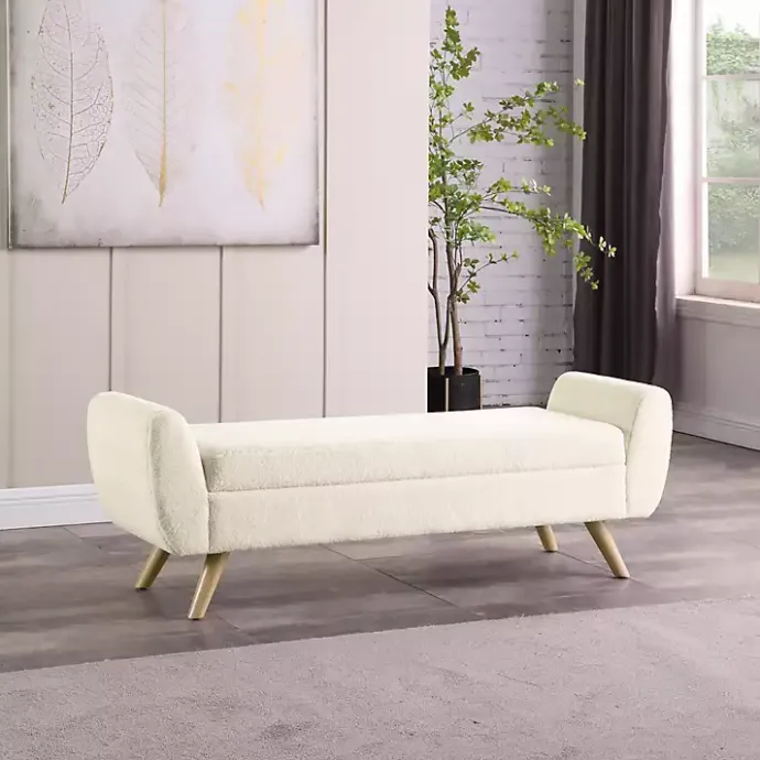 Sale Kirklands Home Cream Sherpa and Wood Storage Bench Ivory