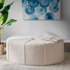 New Kirklands Home Cream Thick Welting Center Button Oval Ottoman Ivory