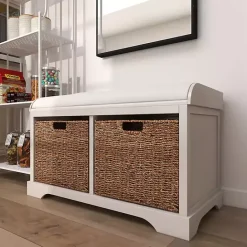 Kirklands Home Cream Wood Bench with Storage Baskets White