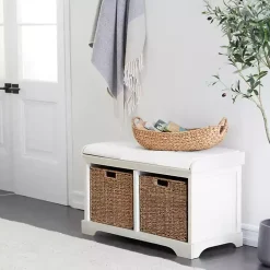 Kirklands Home Cream Wood Bench with Storage Baskets White