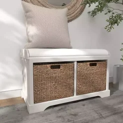 Kirklands Home Cream Wood Bench with Storage Baskets White