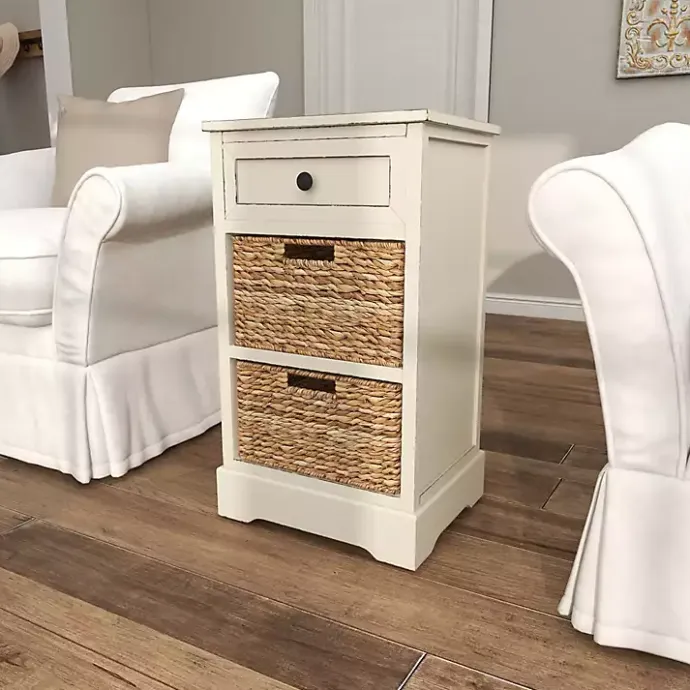 Hot Kirklands Home Cream Wood Side Table with Woven Baskets Ivory