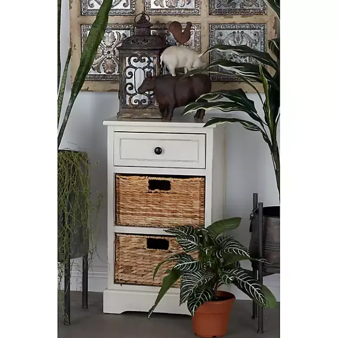 Hot Kirklands Home Cream Wood Side Table with Woven Baskets Ivory
