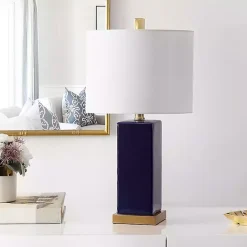 New Kirklands Home Dark Blue Ceramic Square Wendi Table Lamp White