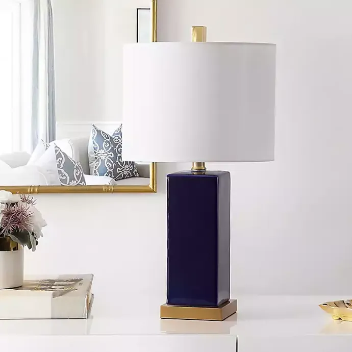 New Kirklands Home Dark Blue Ceramic Square Wendi Table Lamp White