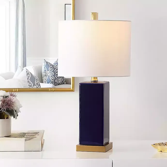 New Kirklands Home Dark Blue Ceramic Square Wendi Table Lamp White