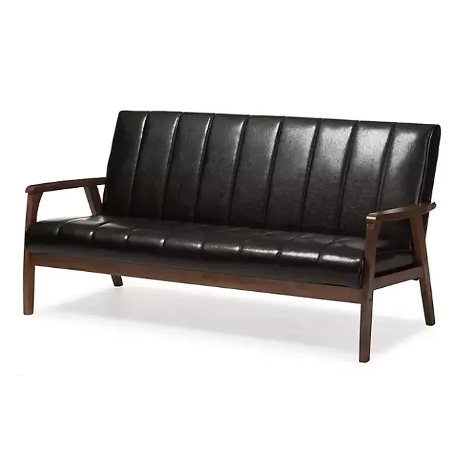 Outlet Kirklands Home Dark Faux Leather Channel Sofa, 63 in. Brown