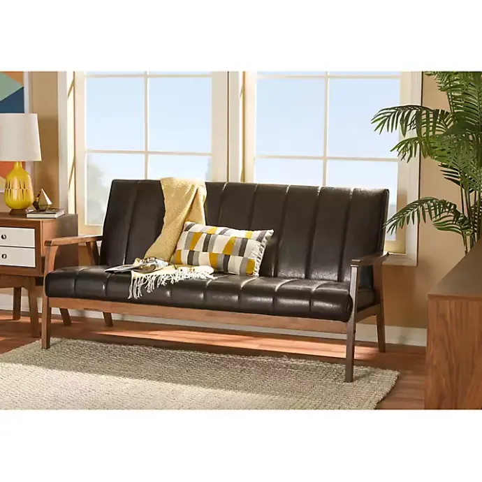 Outlet Kirklands Home Dark Faux Leather Channel Sofa, 63 in. Brown