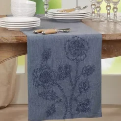 Kirklands Home Deep Floral Embroidered Table Runner Blue