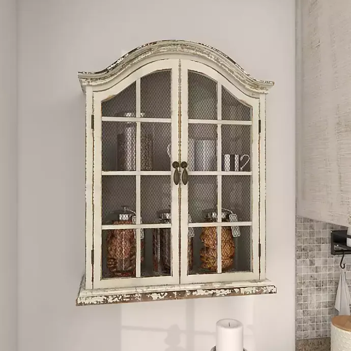 Kirklands Home Distressed Cream Wood Wall Cabinet