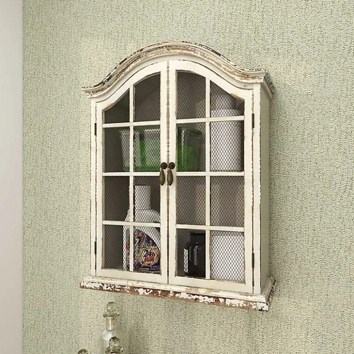Kirklands Home Distressed Cream Wood Wall Cabinet