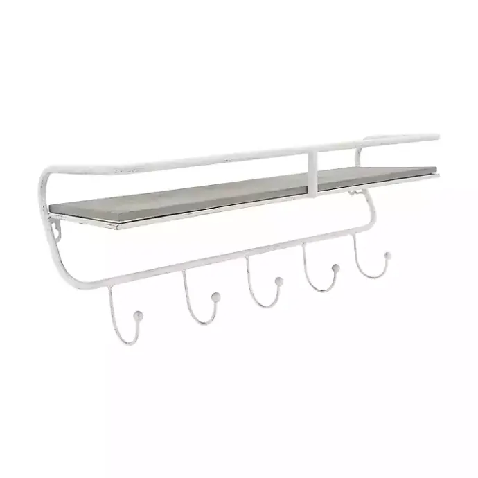 Discount Kirklands Home Distressed White Metal Wall Shelf with Hooks