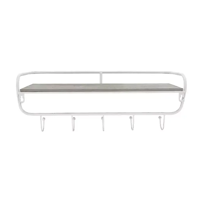 Discount Kirklands Home Distressed White Metal Wall Shelf with Hooks