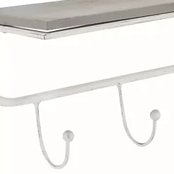 Discount Kirklands Home Distressed White Metal Wall Shelf with Hooks