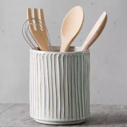 Hot Kirklands Home Earthy Embossed Lines Utensil Crock White