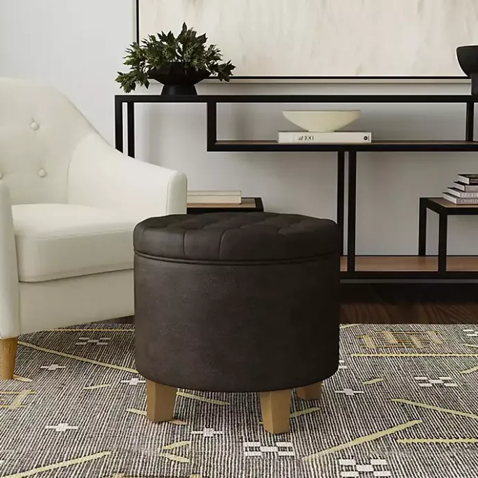 New Kirklands Home Espresso Faux Leather Tufted Storage Ottoman Brown