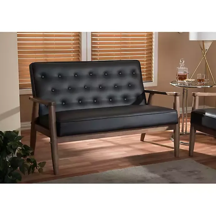 Outlet Kirklands Home Faux Leather and Rubberwood Loveseat, 49 in. Brown