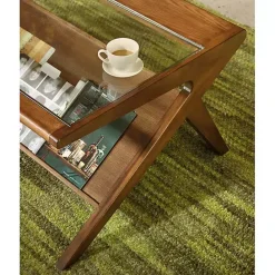 Online Kirklands Home Glass and Walnut Wood Angled Coffee Table Brown