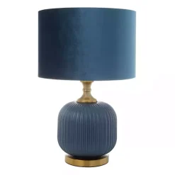 Kirklands Home Glass Base Round Velvet Shade Table Lamp Blue
