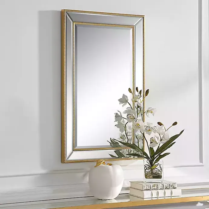 Kirklands Home Beaded Double Frame Beveled Wall Mirror Gold