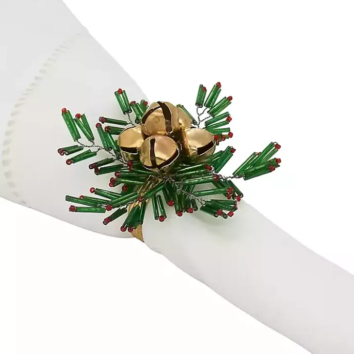 Online Kirklands Home Gold Bells and Holly Napkin Rings, Set of 4