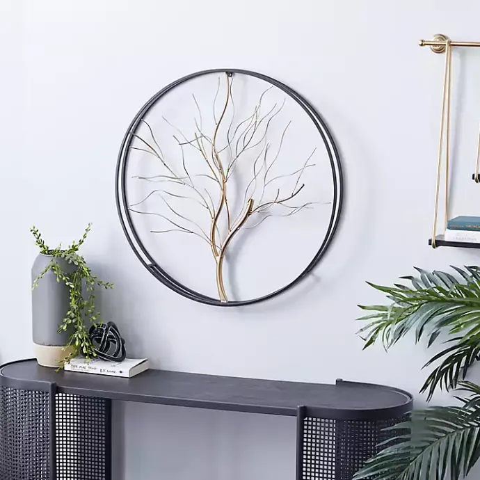 Online Kirklands Home Gold Iron Leaf-Less Tree Round Frame Wall Plaque Black