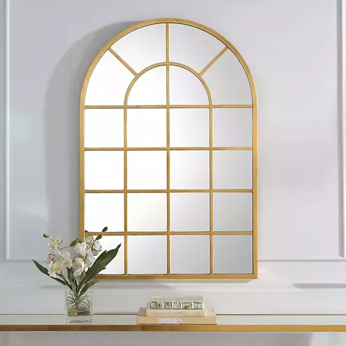 Discount Kirklands Home Gold Leaf Metal Windowpane Arch Frame Mirror