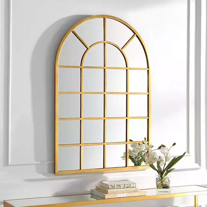 Discount Kirklands Home Gold Leaf Metal Windowpane Arch Frame Mirror
