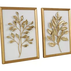 Hot Kirklands Home Gold Metal Leaves Framed Wall Plaques, Set of 2