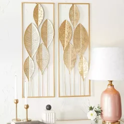 New Kirklands Home Metal Leaves Wall Plaques, Set of 2 Gold