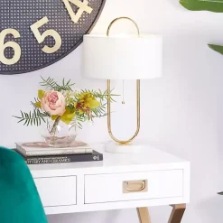 Kirklands Home Metal Open Loop Stem White Round Table Lamp Gold