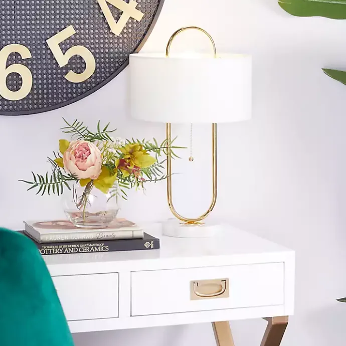 Kirklands Home Metal Open Loop Stem White Round Table Lamp Gold