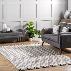 Discount Kirklands Home Gray Chevron Cotton Tassel Area Rug, 8x10