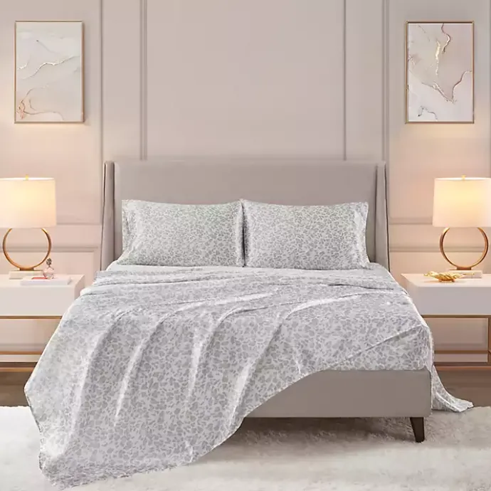 Sale Kirklands Home Gray Leopard Print Satin 4-pc. Queen Sheet Set