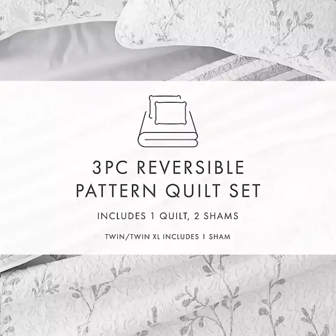 New Kirklands Home Gray Vines Reversible 3-pc. King Quilt Set