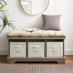 Online Kirklands Home Gray Wash Entryway Bench and Storage Bins Tan