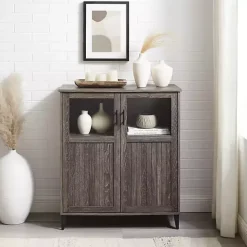 New Kirklands Home Wood Glass Windows Storage Cabinet Gray