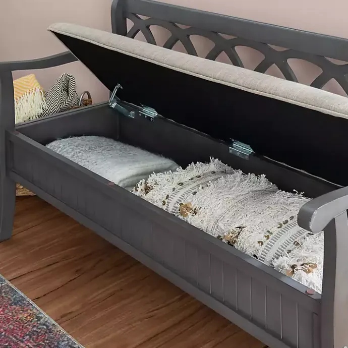 Online Kirklands Home Gray Wood Upholstered Storage Bench