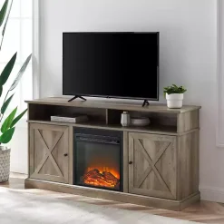 Kirklands Home Graywash Rustic Fireplace Cabinet Brown