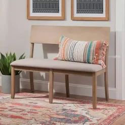 Kirklands Home wash Wood Upholstered Jorissen Bench Gray