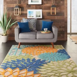 Discount Kirklands Home Green and Blue Floral Burst Outdoor Area Rug, 6x9
