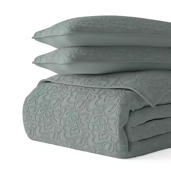 Online Kirklands Home Stitched Floral 3-pc. Queen Quilt Set Green