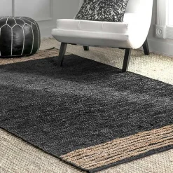 New Kirklands Home Hand Braided Leather Kelli Jute Area Rug, 7x9 Black