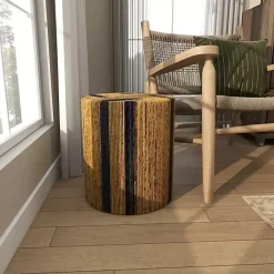 Sale Kirklands Home Handmade Round Banana Leaf Striped Accent Table Brown